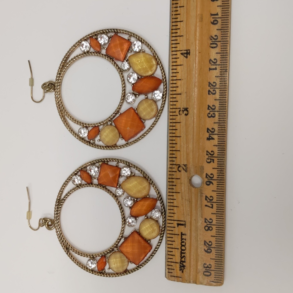 Large Circle Dangle Earrings Orange Yellow Rhinestones Gold Tone Piereced - Picture 4 of 7